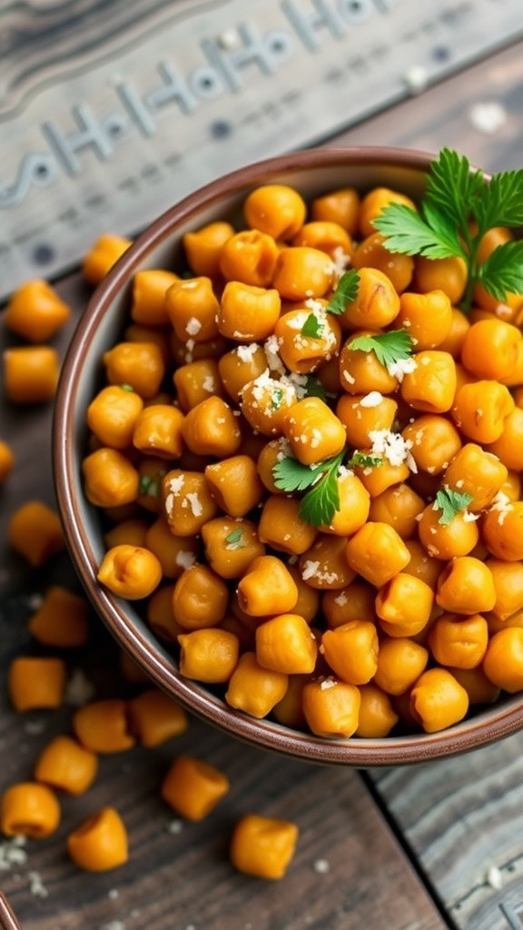 A bowl of savory roasted chickpeas with parmesan and parsley on a wooden table.